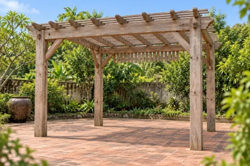 Giàn Hoa Pergola P60 - Lam Đứng Treo Dưới Dầm Thành Rèm Cố Định, Gỗ Thông Màu Vintage Giàn Hoa Pergola P60 - Lam Đứng Treo Dưới Dầm Thành Rèm Cố Định, Gỗ Thông Màu Vintage