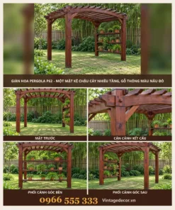 Giàn Hoa Pergola P62 - Một Mặt Kệ Chậu Cây Nhiều Tầng, Gỗ Thông Màu Nâu Đỏ