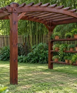 Giàn Hoa Pergola P62 - Một Mặt Kệ Chậu Cây Nhiều Tầng, Gỗ Thông Màu Nâu Đỏ