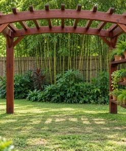 Giàn Hoa Pergola P62 - Một Mặt Kệ Chậu Cây Nhiều Tầng, Gỗ Thông Màu Nâu Đỏ