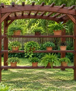 Giàn Hoa Pergola P62 - Một Mặt Kệ Chậu Cây Nhiều Tầng, Gỗ Thông Màu Nâu Đỏ