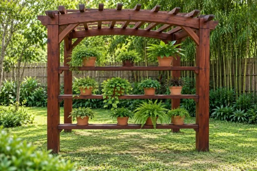 Giàn Hoa Pergola P62 - Một Mặt Kệ Chậu Cây Nhiều Tầng, Gỗ Thông Màu Nâu Đỏ Giàn Hoa Pergola P62 - Một Mặt Kệ Chậu Cây Nhiều Tầng, Gỗ Thông Màu Nâu Đỏ