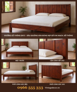 Giường Gỗ Thông GN15 - Đầu Giường Ván Đứng Nẹp Gờ Che Mạch, Gỗ Thông