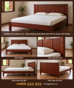 Giường Gỗ Thông GN15 - Đầu Giường Ván Đứng Nẹp Gờ Che Mạch, Gỗ Thông