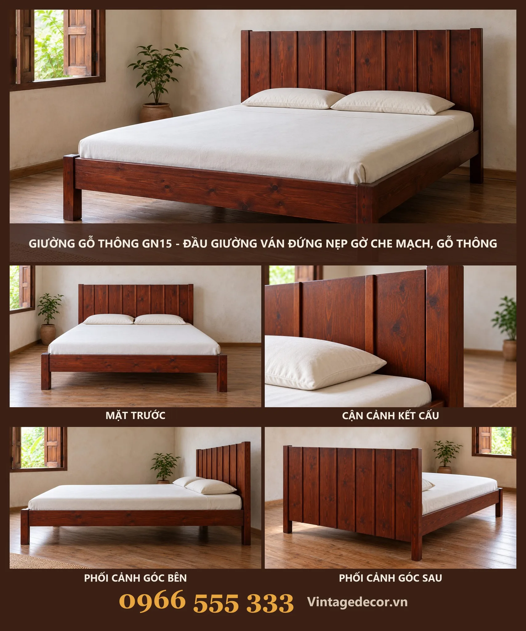 Giường Gỗ GN15 Ván Đứng Nẹp Che Mạch