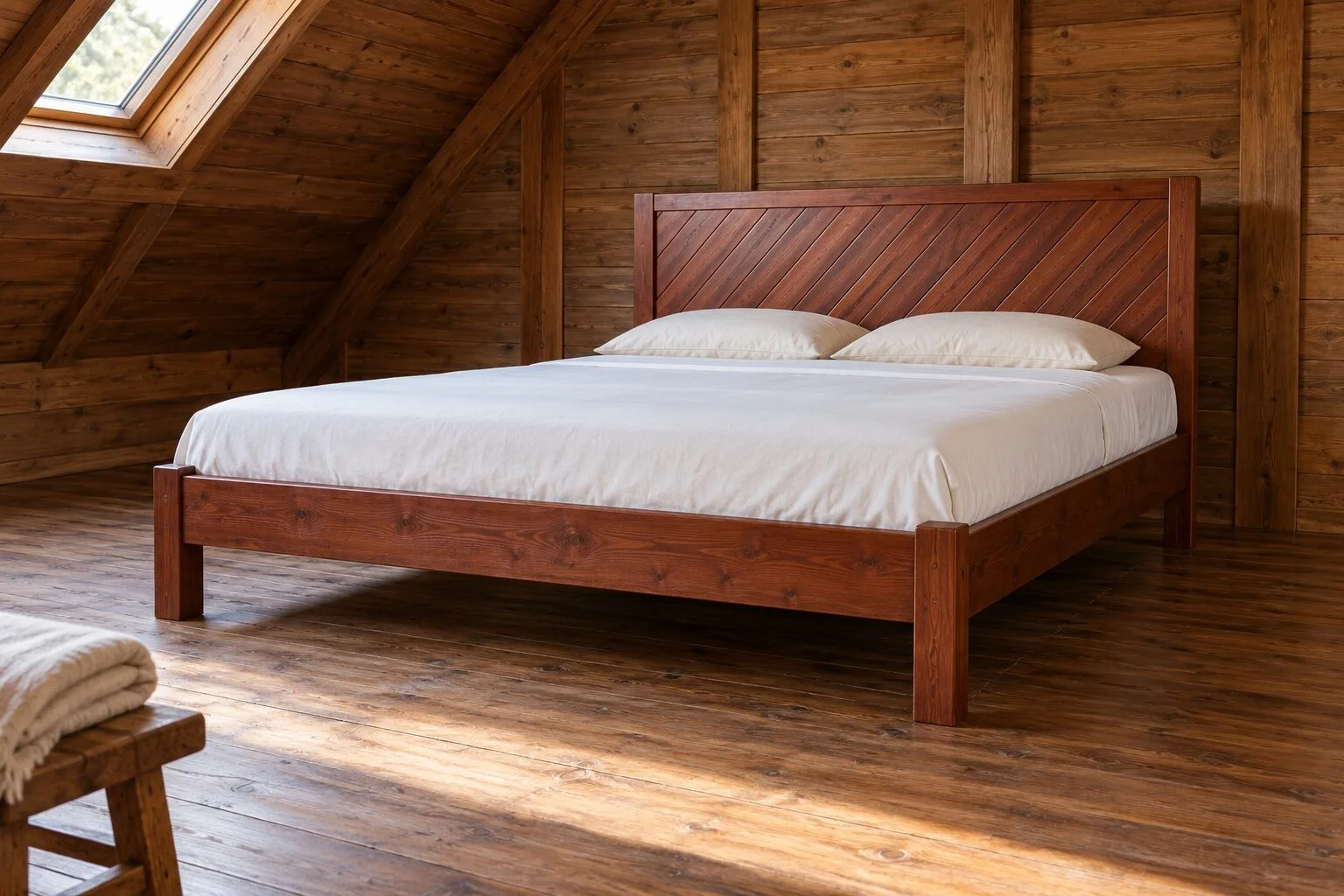 Giường gỗ GN16 nâu đỏ, đầu giường thanh ván xếp chéo trong khung, đặt trong phòng áp mái vách gỗ
