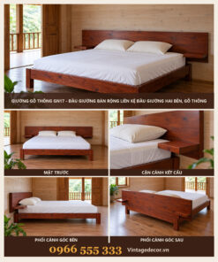 Giường Gỗ Thông GN17 - Đầu Giường Bản Rộng Liền Kệ Đầu Giường Hai Bên, Gỗ Thông