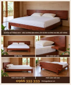 Giường Gỗ Thông GN17 - Đầu Giường Bản Rộng Liền Kệ Đầu Giường Hai Bên, Gỗ Thông