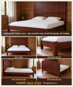 Giường Gỗ Thông GN18 - Đầu Giường Cao Có Gờ Kệ Ngang, Gỗ Thông