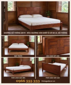 Giường Gỗ Thông GN19 - Đầu Giường Ván Ghép Ô Cờ So Le, Gỗ Thông