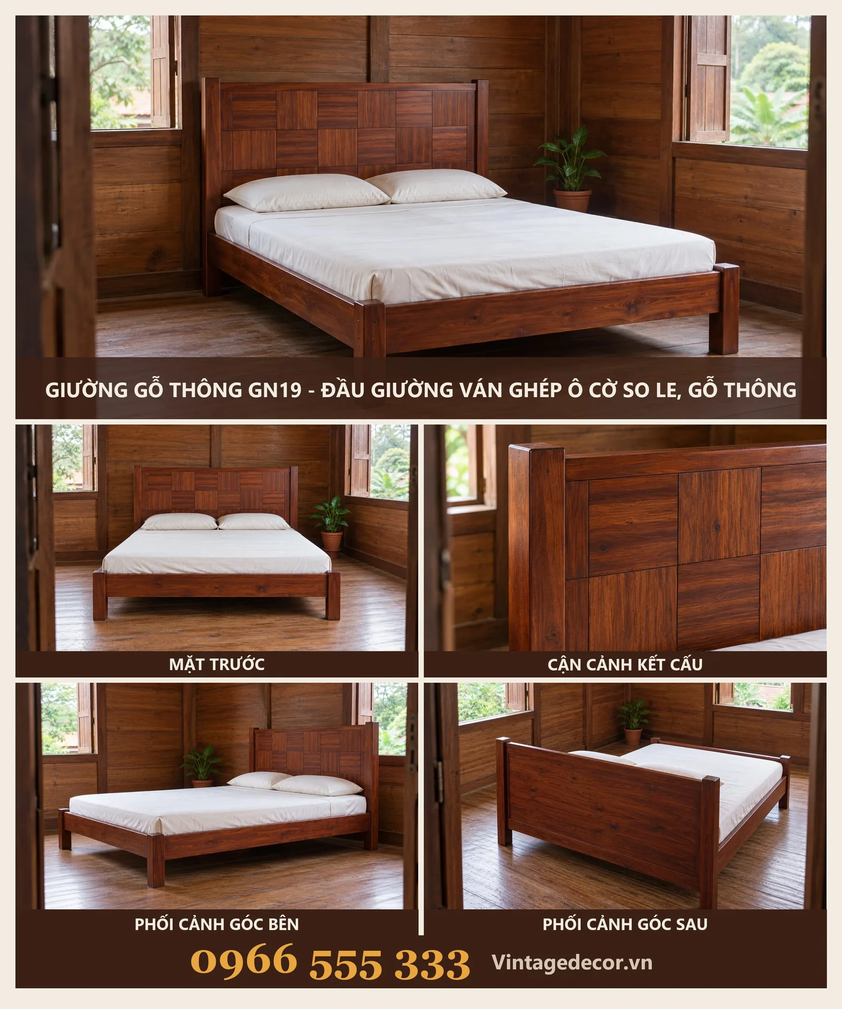 Giường Gỗ GN19 Ván Ghép Ô Cờ