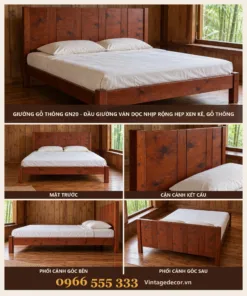 Giường Gỗ Thông GN20 - Đầu Giường Ván Dọc Nhịp Rộng Hẹp Xen Kẽ, Gỗ Thông