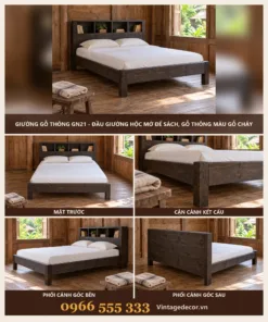 Giường gỗ GN21 hộc mở để sách – ảnh ghép mặt trước, cận chân, góc bên, góc sau