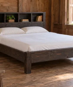 Giường gỗ GN21 gỗ cháy – đầu giường khối hộp có hàng bốn hộc mở sau gối