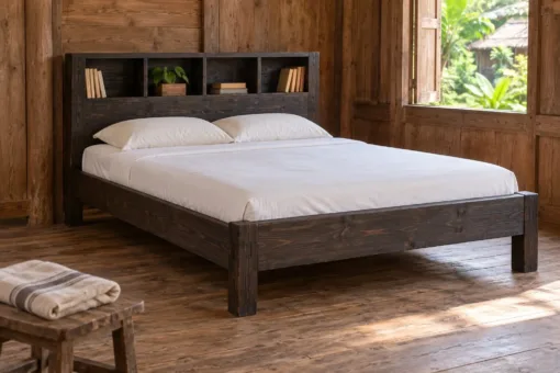 Giường gỗ GN21 gỗ cháy – đầu giường khối hộp có hàng bốn hộc mở sau gối