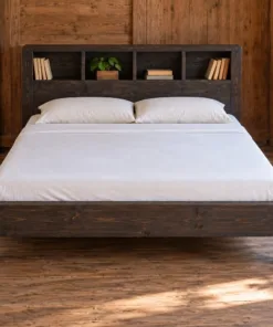 Giường gỗ GN21 nhìn thẳng – hộc bày sách, chậu cây nhỏ