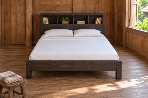 Giường gỗ GN21 nhìn thẳng – hộc bày sách, chậu cây nhỏ
