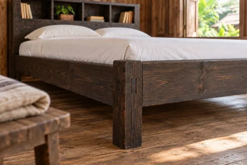 Giường gỗ GN21 – cận góc chân vuông lớn, đầu chốt, thanh dày