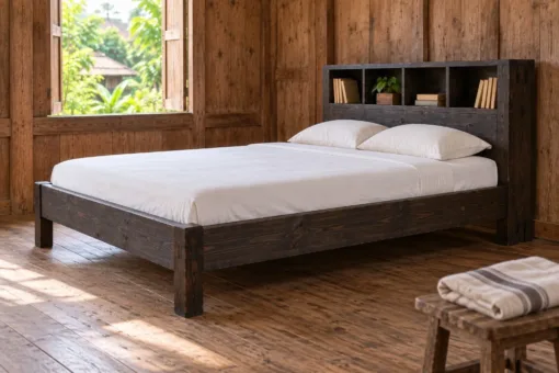 Giường gỗ GN21 – nhìn chéo, khối đầu giường dày