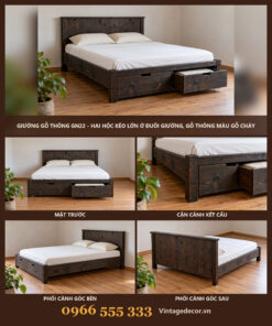 Giường Gỗ Thông GN22 - Hai Hộc Kéo Lớn Ở Đuôi Giường, Gỗ Thông Màu Gỗ Cháy