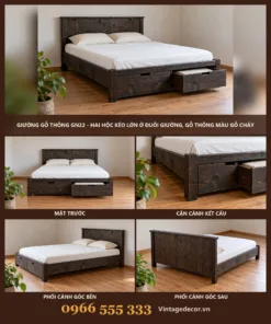 Giường gỗ GN22 hộc kéo lớn đuôi giường – ảnh ghép mặt trước, cận hộc, góc bên, góc sau