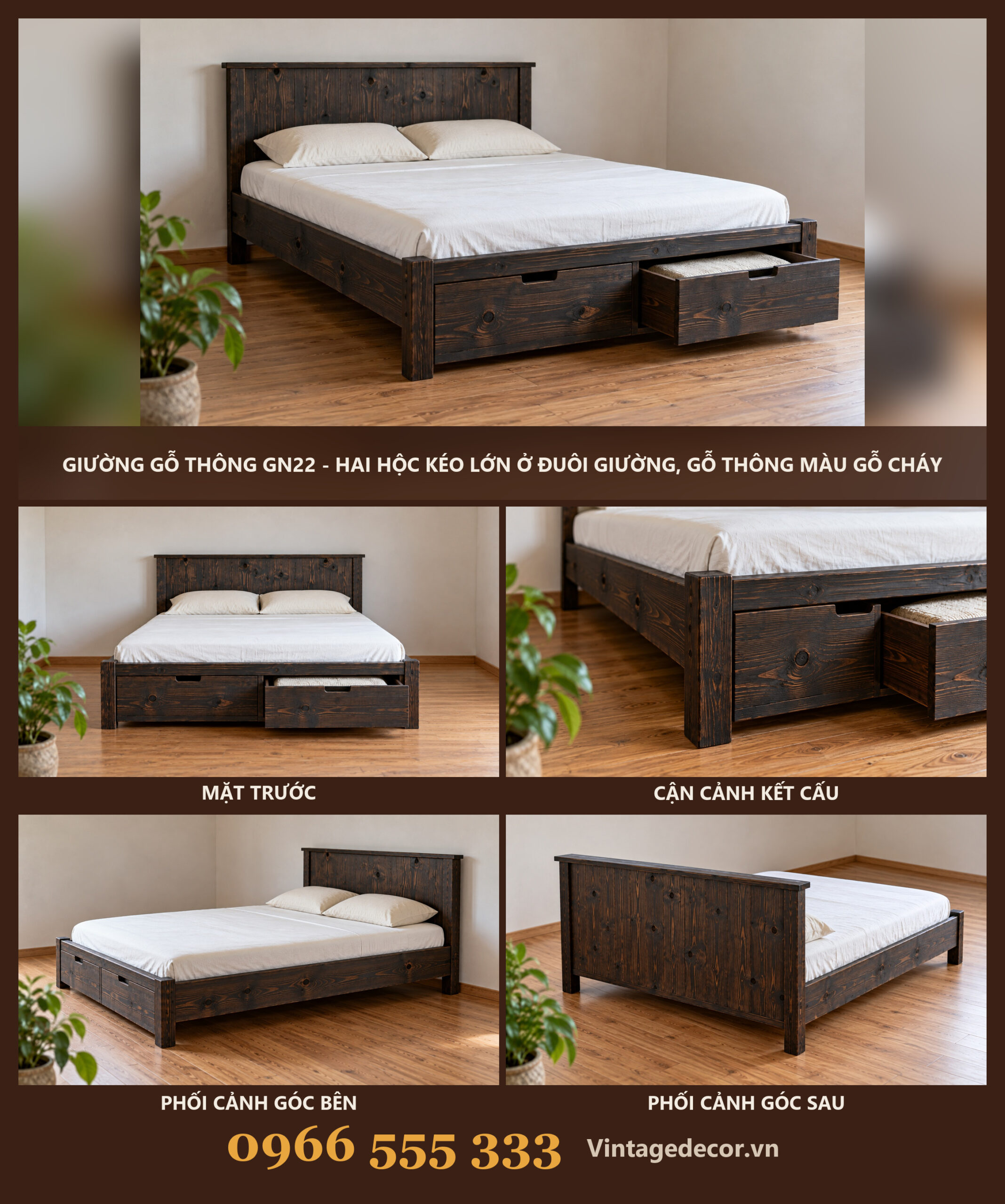 Giường Gỗ Thông GN22 - Hai Hộc Kéo Lớn Ở Đuôi Giường, Gỗ Thông Màu Gỗ Cháy Giường Gỗ Thông GN22 - Hai Hộc Kéo Lớn Ở Đuôi Giường, Gỗ Thông Màu Gỗ Cháy