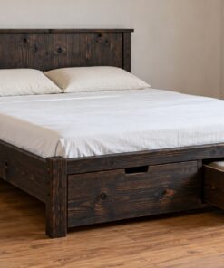 Giường Gỗ Thông GN22 - Hai Hộc Kéo Lớn Ở Đuôi Giường, Gỗ Thông Màu Gỗ Cháy