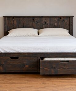 Giường Gỗ Thông GN22 - Hai Hộc Kéo Lớn Ở Đuôi Giường, Gỗ Thông Màu Gỗ Cháy