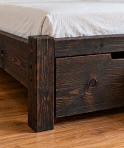 Giường Gỗ Thông GN22 - Hai Hộc Kéo Lớn Ở Đuôi Giường, Gỗ Thông Màu Gỗ Cháy