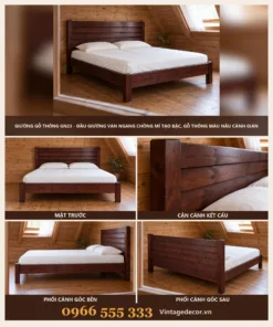 Giường gỗ GN23 ván ngang chồng mí – ảnh ghép mặt trước, cận ván, góc bên, góc sau