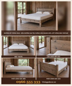 Giường Gỗ Thông GN24 - Đầu Giường Hai Trụ Vuông Ván Ngang Giữa, Gỗ Thông Màu Vintage