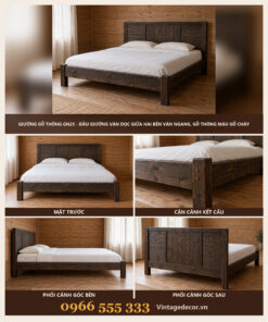 Giường Gỗ Thông GN25 - Đầu Giường Ván Dọc Giữa Hai Bên Ván Ngang, Gỗ Thông Màu Gỗ Cháy