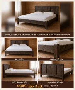 Giường gỗ GN25 đầu giường ván dọc ngang – ảnh ghép mặt trước, cận chân, góc bên, góc sau
