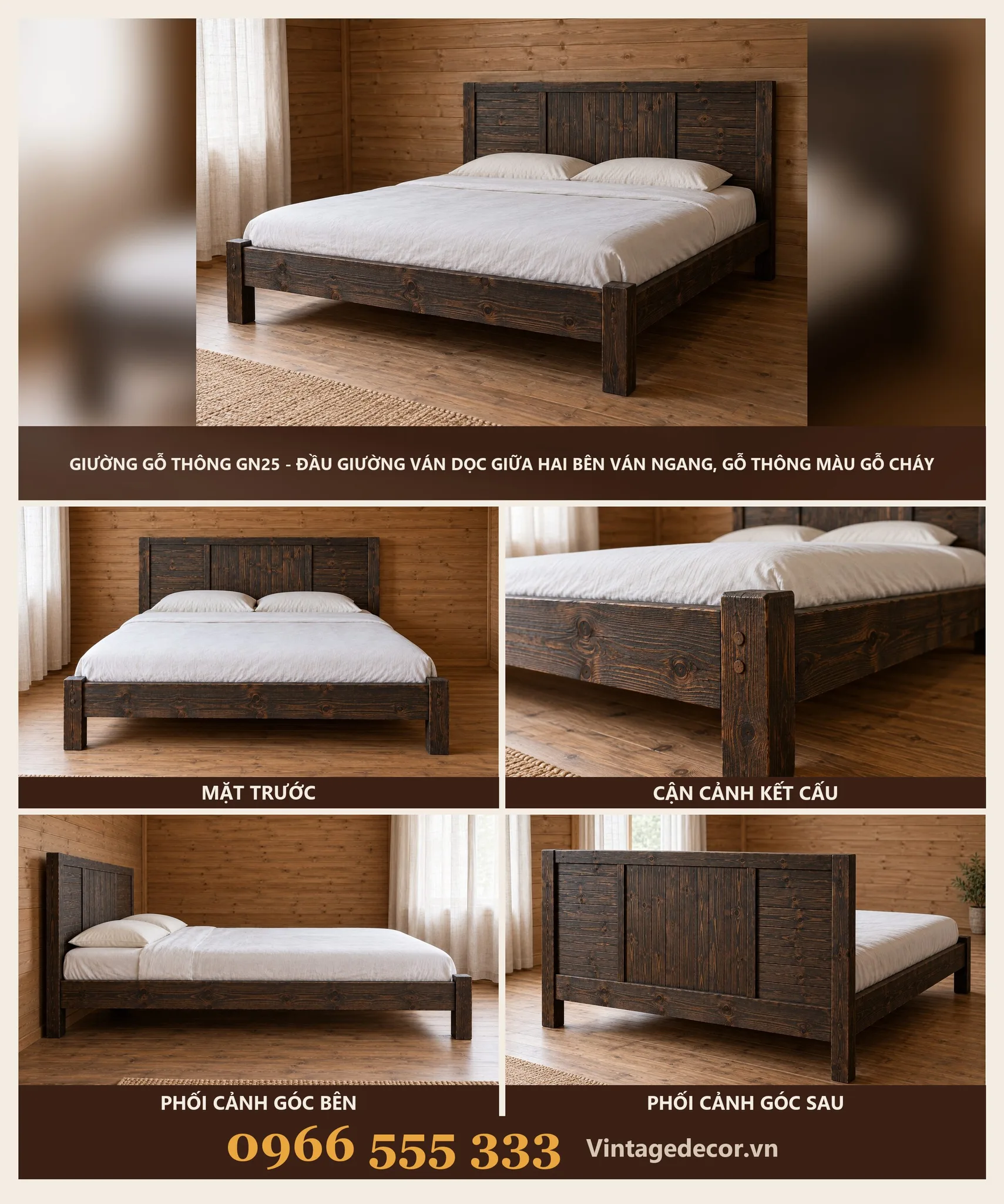Giường Gỗ GN25 Đầu Giường Ván Dọc Ngang