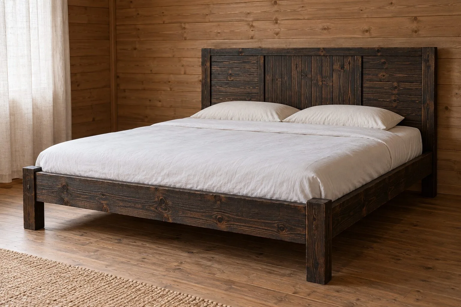Giường gỗ GN25 màu gỗ cháy, đầu giường ba ô, ô giữa ván dọc và hai ô bên ván ngang, phòng vách gỗ sáng