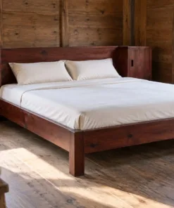 Giường gỗ GN26 nâu đỏ – hai hộc có cánh liền đầu giường, phòng vách ván sẫm