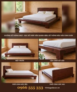Giường gỗ GN27 bục thấp viền quanh nệm – ảnh ghép mặt trước, cận gờ, góc bên, góc sau