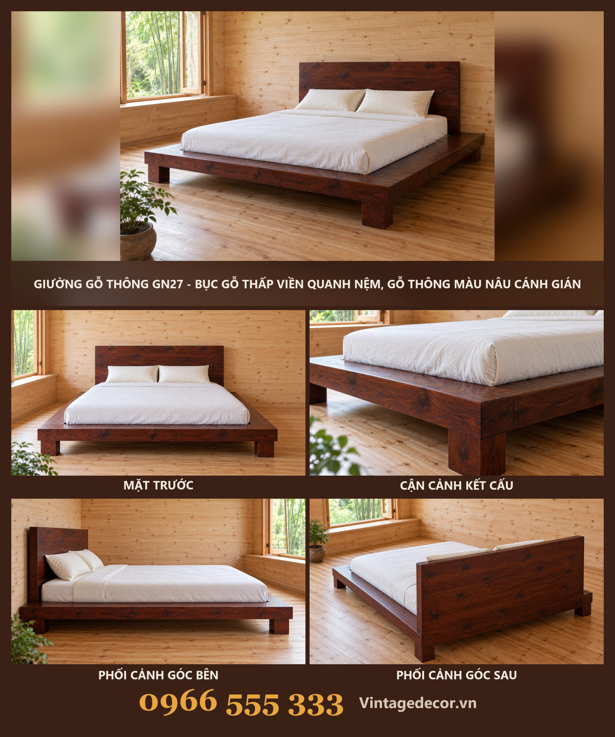 Giường Gỗ Thông GN27 - Bục Gỗ Thấp Viền Quanh Nệm, Gỗ Thông Màu Nâu Cánh Gián Giường Gỗ Thông GN27 - Bục Gỗ Thấp Viền Quanh Nệm, Gỗ Thông Màu Nâu Cánh Gián