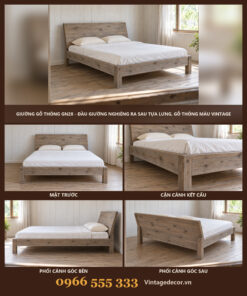 Giường Gỗ Thông GN28 - Đầu Giường Nghiêng Ra Sau Tựa Lưng, Gỗ Thông Màu Vintage