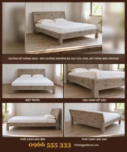 Giường gỗ GN28 đầu giường nghiêng tựa lưng – ảnh ghép mặt trước, cận chân, góc bên, góc sau
