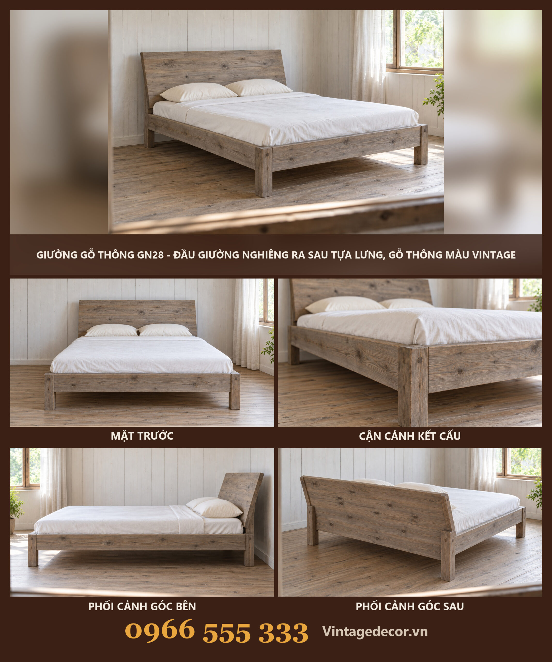 Giường Gỗ Thông GN28 - Đầu Giường Nghiêng Ra Sau Tựa Lưng, Gỗ Thông Màu Vintage Giường Gỗ Thông GN28 - Đầu Giường Nghiêng Ra Sau Tựa Lưng, Gỗ Thông Màu Vintage