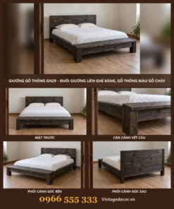 Giường Gỗ Thông GN29 - Đuôi Giường Liền Ghế Băng, Gỗ Thông Màu Gỗ Cháy