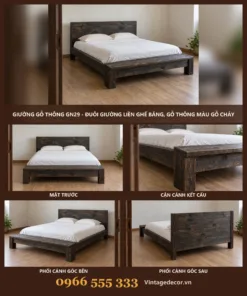 Giường gỗ GN29 đuôi giường liền ghế băng – ảnh ghép mặt trước, cận ghế, góc bên, góc sau