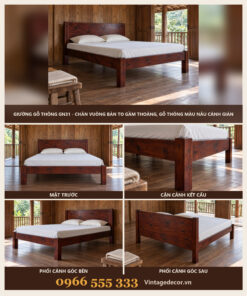Giường Gỗ Thông GN31 - Chân Vuông Bản To Gầm Thoáng, Gỗ Thông Màu Nâu Cánh Gián