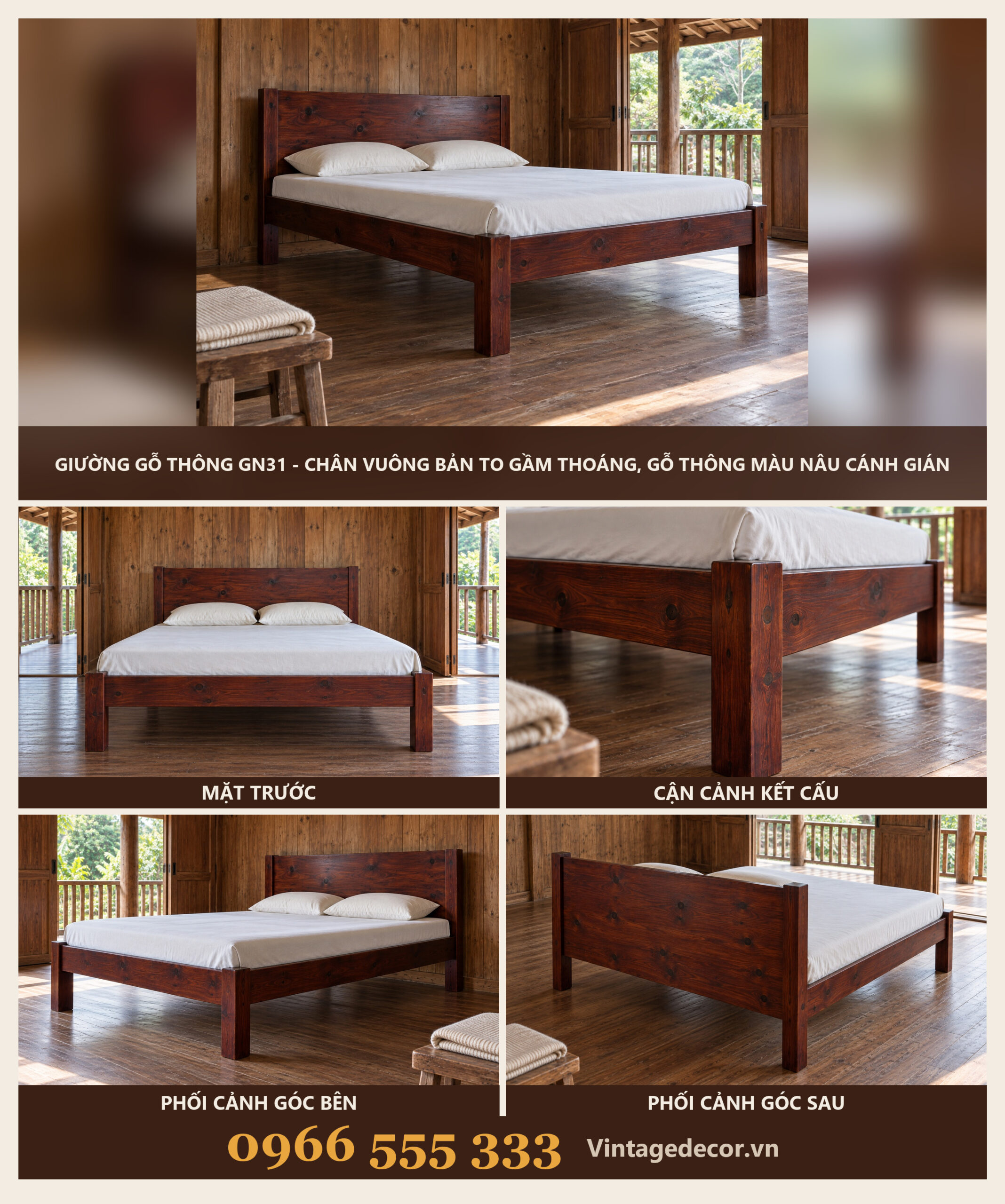 Giường Gỗ Thông GN31 - Chân Vuông Bản To Gầm Thoáng, Gỗ Thông Màu Nâu Cánh Gián Giường Gỗ Thông GN31 - Chân Vuông Bản To Gầm Thoáng, Gỗ Thông Màu Nâu Cánh Gián