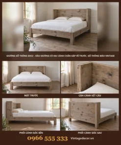 Giường Gỗ Thông GN32 - Đầu Giường Có Hai Cánh Chắn Gập Về Trước, Gỗ Thông Màu Vintage