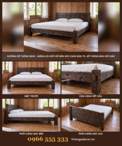 Giường Gỗ Thông GN33 - Mộng Lộ Chốt Gỗ Bốn Góc Chân Bản To, Gỗ Thông Màu Gỗ Cháy