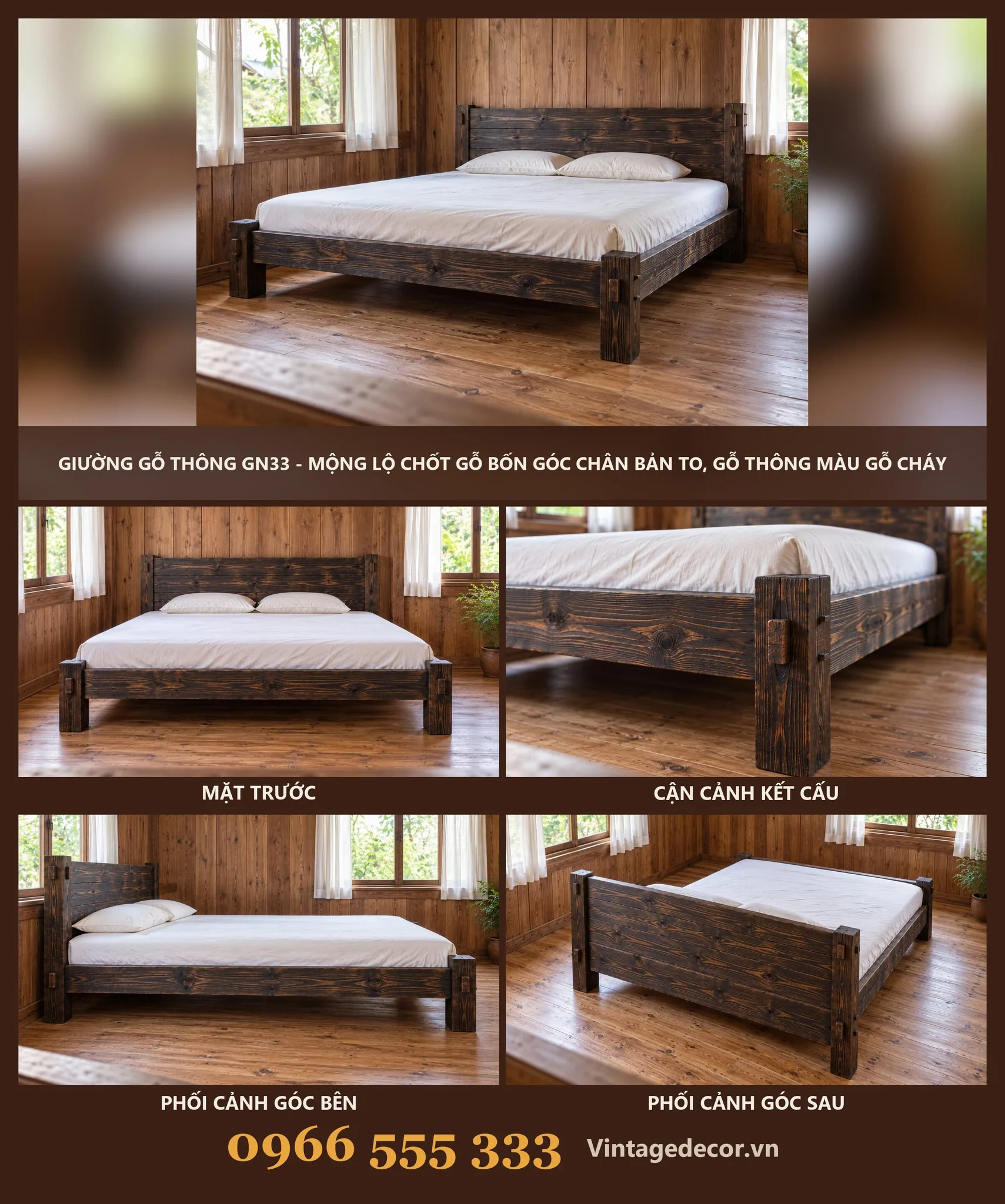 Giường Gỗ GN33 Mộng Lộ Chốt Bốn Góc