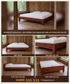 Giường Gỗ Thông GN34 - Đầu Giường Thấp Ngang Mặt Nệm, Gỗ Thông Màu Nâu Đỏ