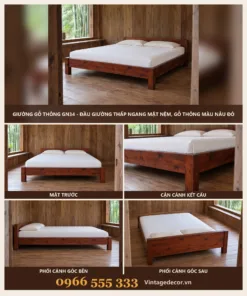 Giường Gỗ Thông GN34 - Đầu Giường Thấp Ngang Mặt Nệm, Gỗ Thông Màu Nâu Đỏ